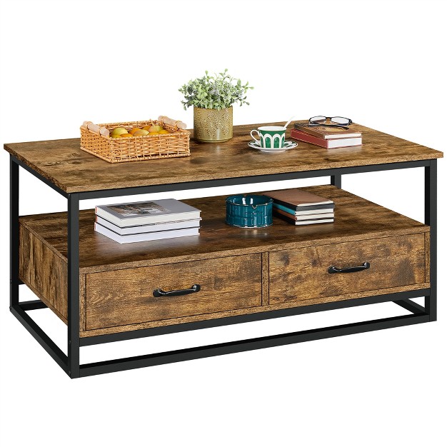 Yaheetech Vintage Coffee Table With Metal Frame Open Storage Shelves And 2 Drawers For Living Room