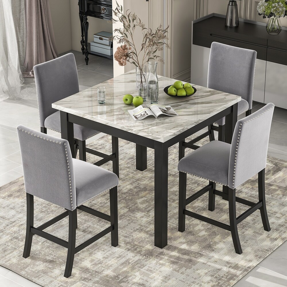 5 piece Counter Height Dining Table Set with Faux Marble Dining Table