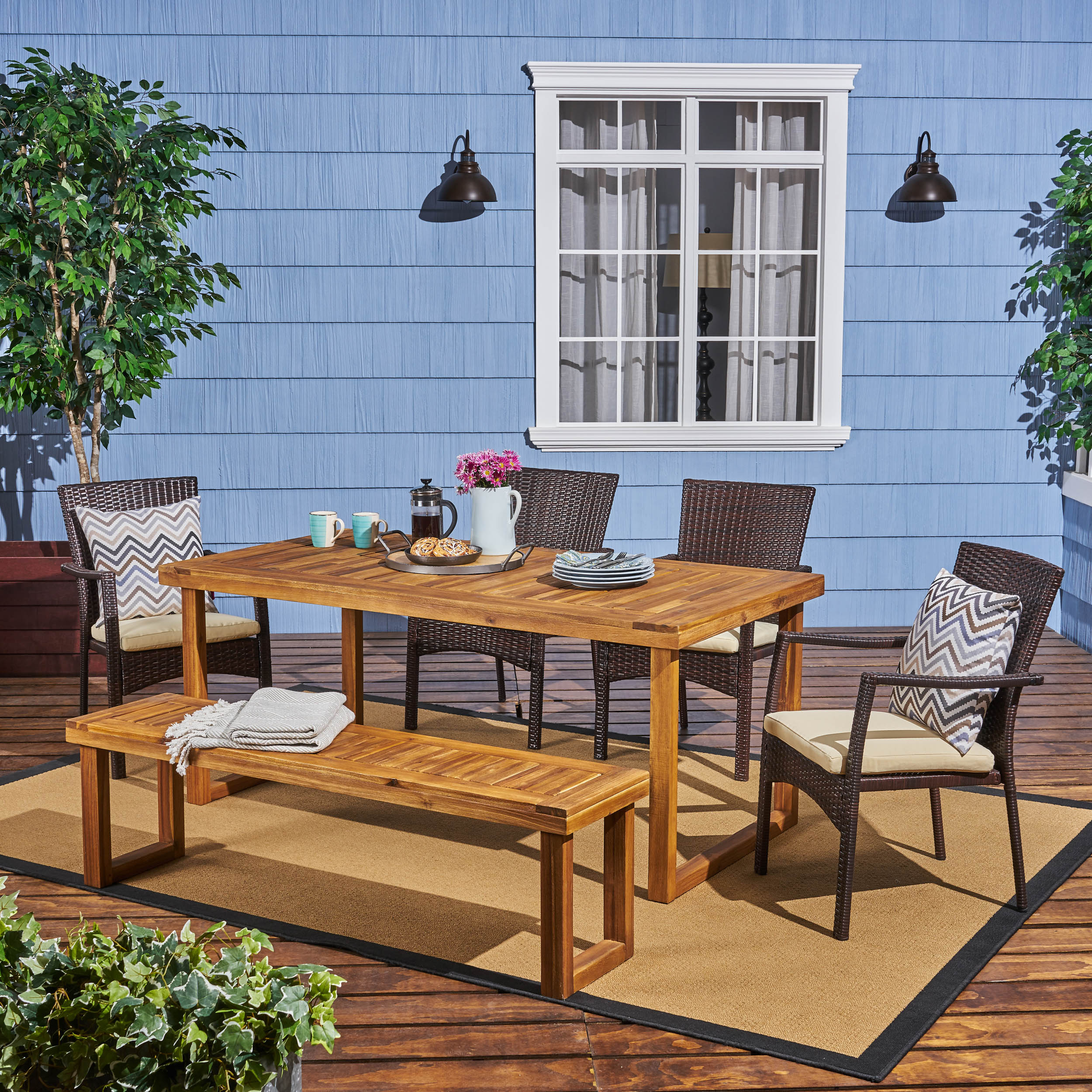 Dawn Outdoor 6-Seater Wood and Wicker Chair and Bench Dining Set