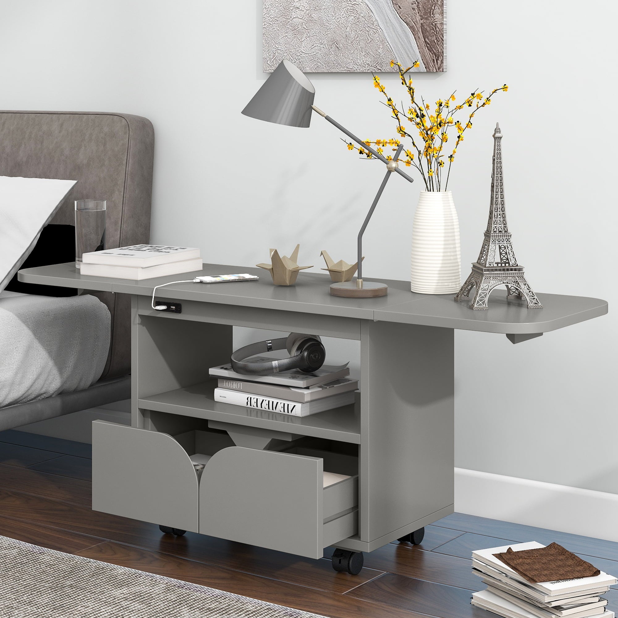 Modern Bedroom Nightstand with 2 Drawers, USB Charging, Gray