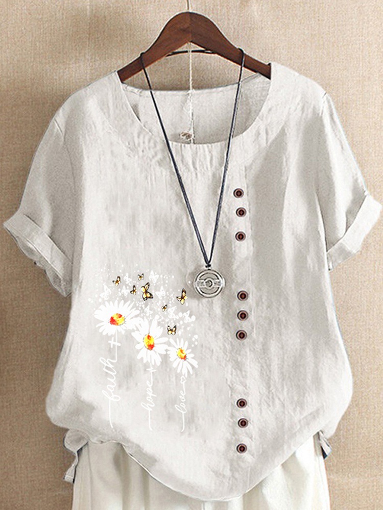 Round Neck Casual Loose Marguerite Flower Print Short Sleeve Blouse