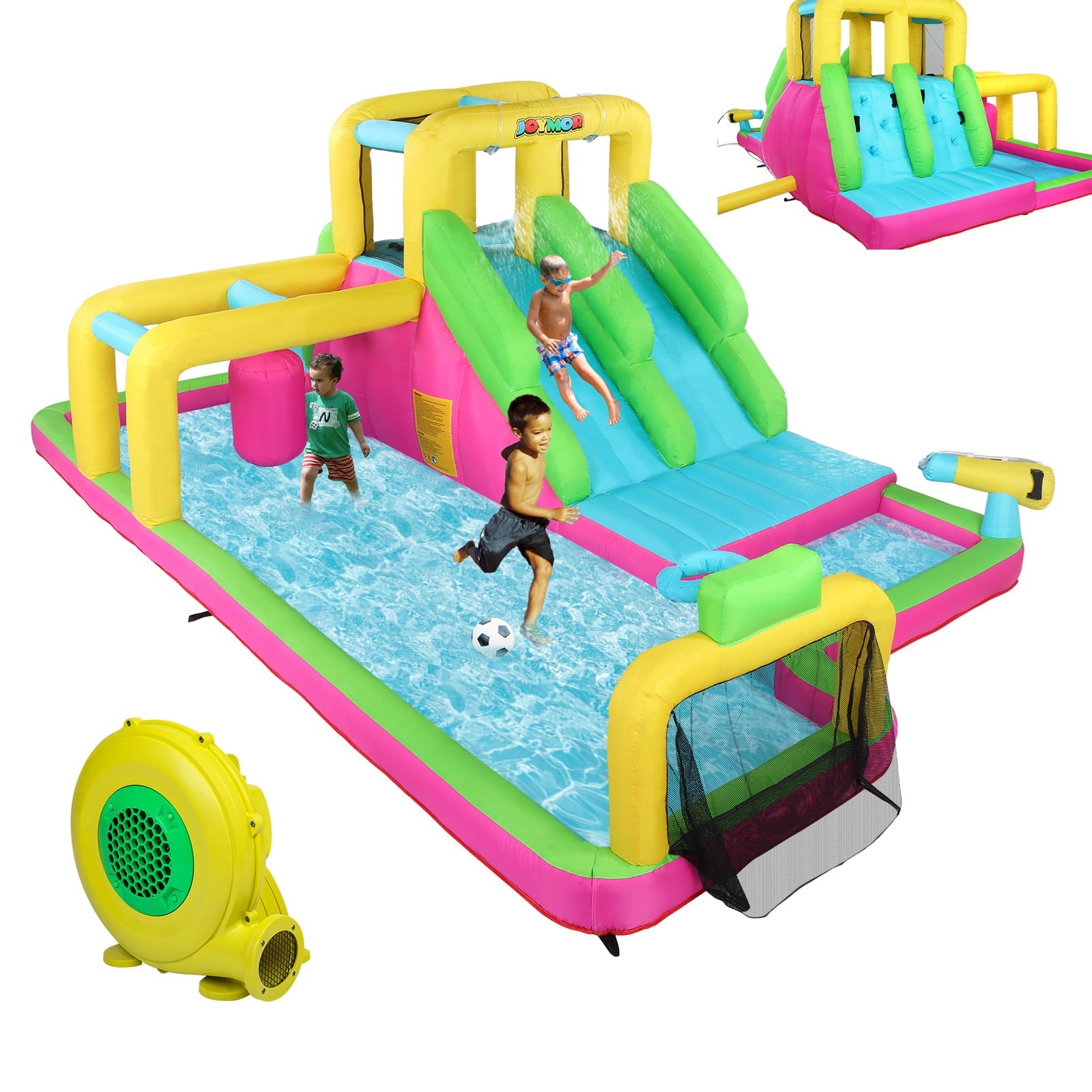 JOYMOR 6-in-1 Inflatable Double Water Slide Park for Kids Backyard, Bounce House w/ Obstacle Crossing, Ball Net, Climbing Wall, Water Gun, Bouncer Castle Outdoor Playhouse (Included Blower)