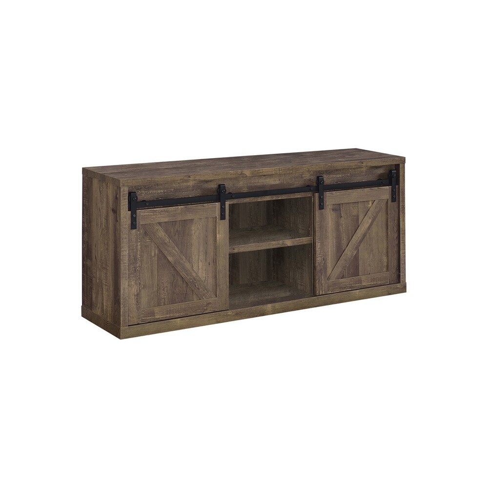 59 Inch Farmhouse Wooden TV Console With 2 Sliding Barn Doors  Rustic Brown