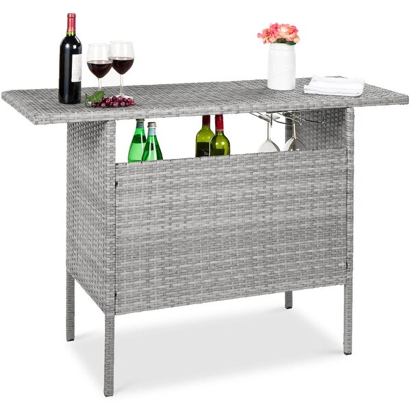 Outdoor Wicker Bar Counter Table w/ 2 Steel Shelves，2 Rails