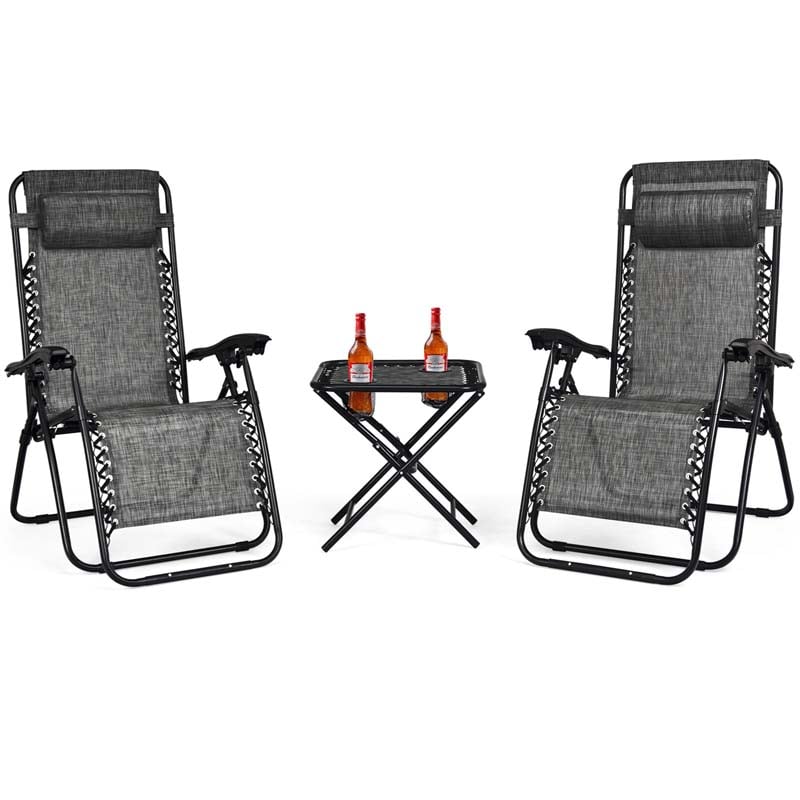 3 Pcs Folding Zero Gravity Recliner Patio Yard Pool Outdoor Chaise Lounge Chairs Table Set