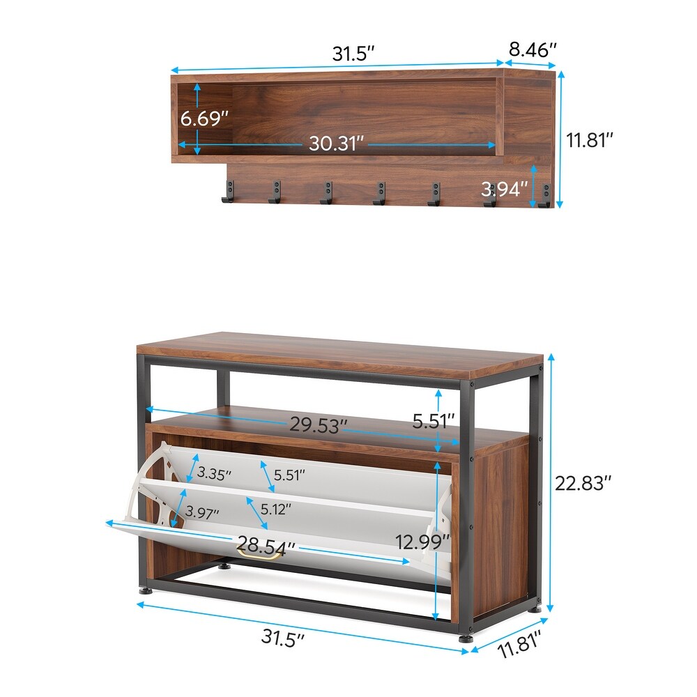 Entryway Coat Rack Shoe Bench Set  Industrial Hall Tree Coat Shoe Rack