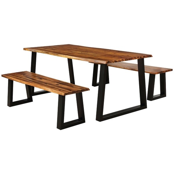 Gymax Picnic Table Set Acacia Wood 3 Piece Table Bench Outdoor Patio