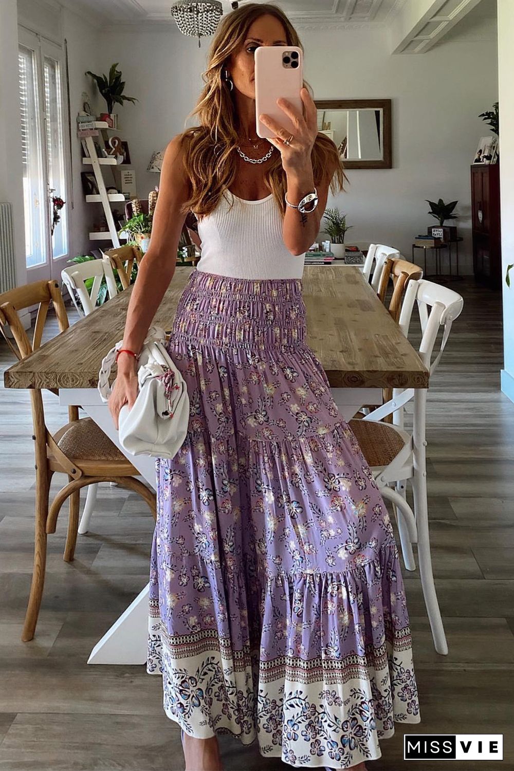 Purple Floral Print Shirred High Waist Maxi Skirt