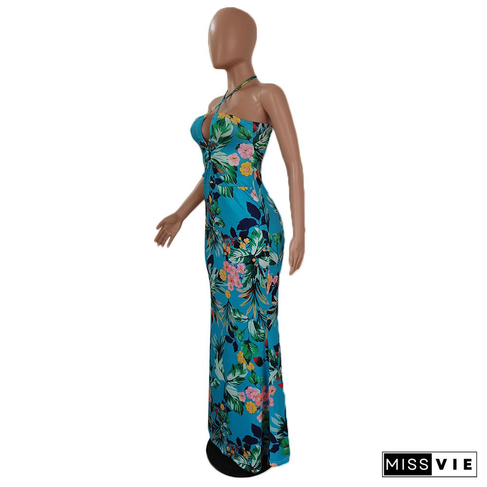 Elegant Summer Clothing Floral Print Sleeveless Halter Backless Bodycon Beach Party Maxi Dresses