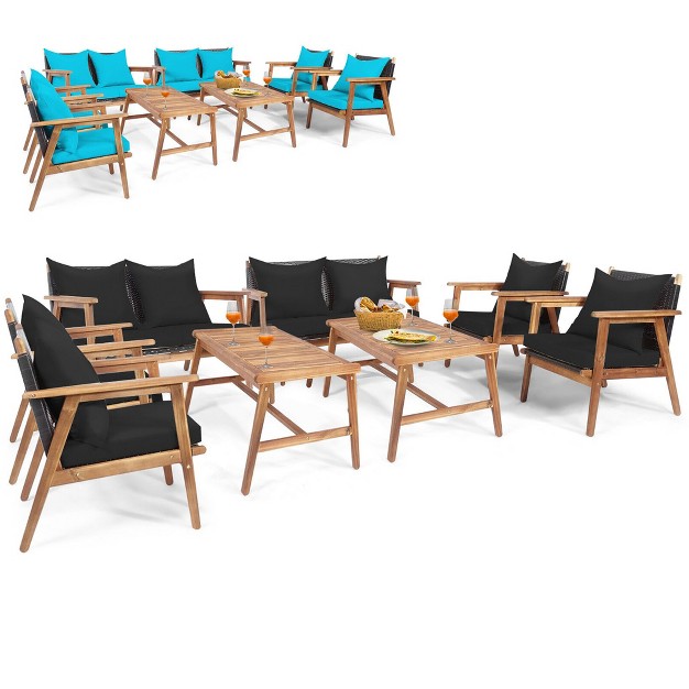 Tangkula 8pcs Patio Conversation Set Wood Frame Furniture Set W Turquoise amp Black Cushions