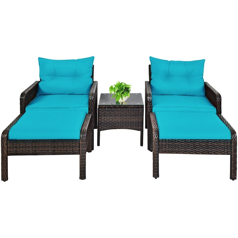 5 Pcs Rattan Patio Conversation Sets with Ottomans & Coffee Table, Wicker Outdoor Bistro Set