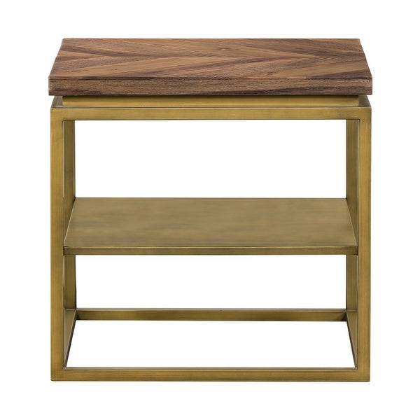 Tray Rustic Brown Wood Side table with Shelf and Antique Brass Base - Square