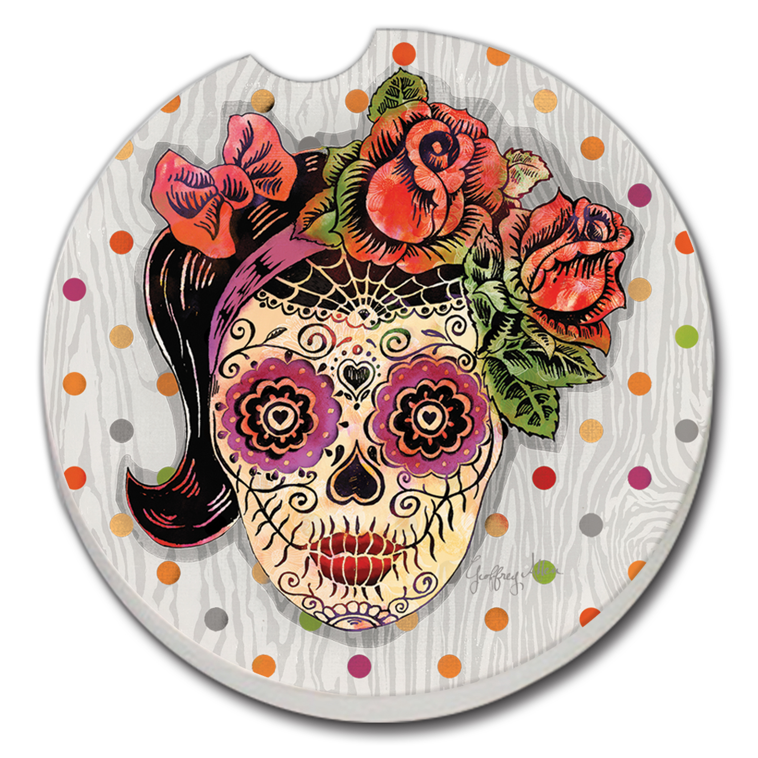 Absorbent Stoneware Car Coaster， Sugar Skull Girl， Set of 2