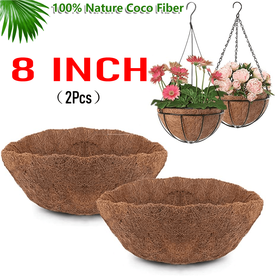 EROCK 2pcs 8" Round Coco Coir Liners Replacement for Hanging Basket, 100% Natural Pre-Formed Coconut Fiber Planter Liners for Garden Flower Vegetables Pot/Wall Hanging Baskets/Fence Flower Baskets