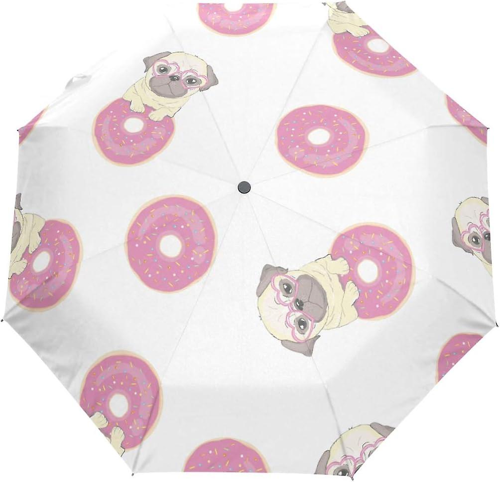 Travel Umbrella Automatic Windproof Foldable Umbrella Cute Dog Puppies With Doughnut