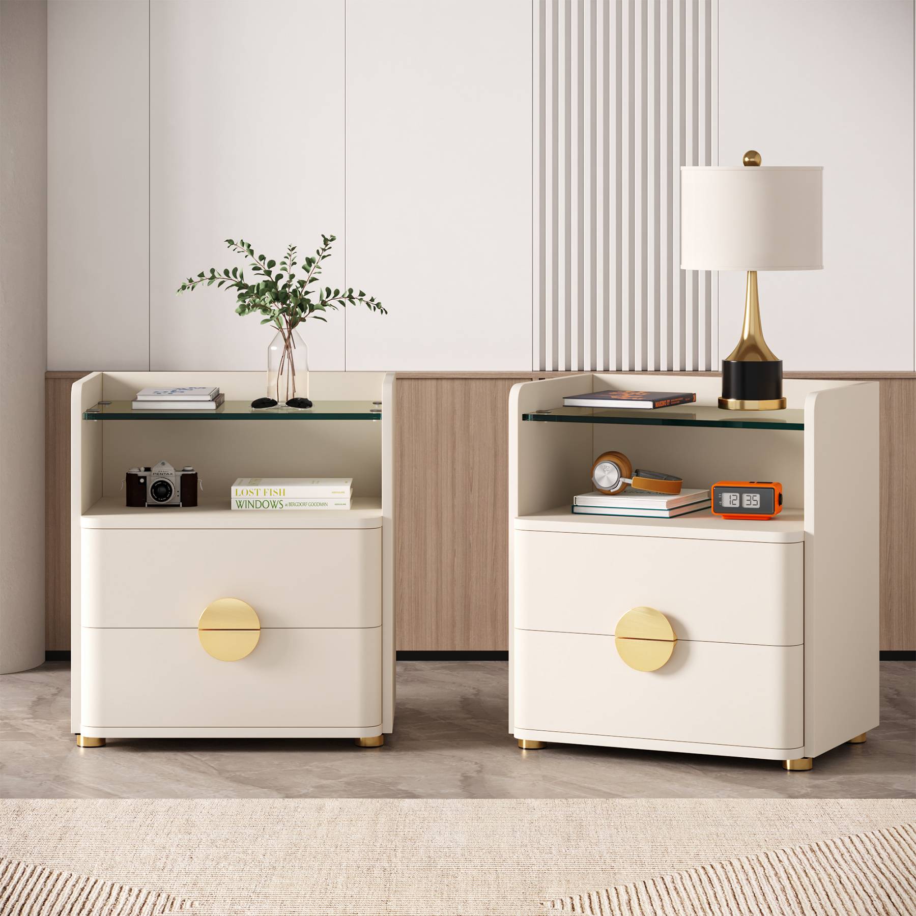 2-Drawer Nightstand, Modern Bedside Table with Open Storage