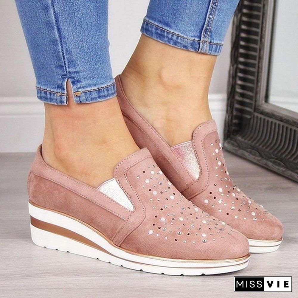 Women Casual Thick Sole Single Shoes Rhinestones Sandals Breathable Wedge Shoes