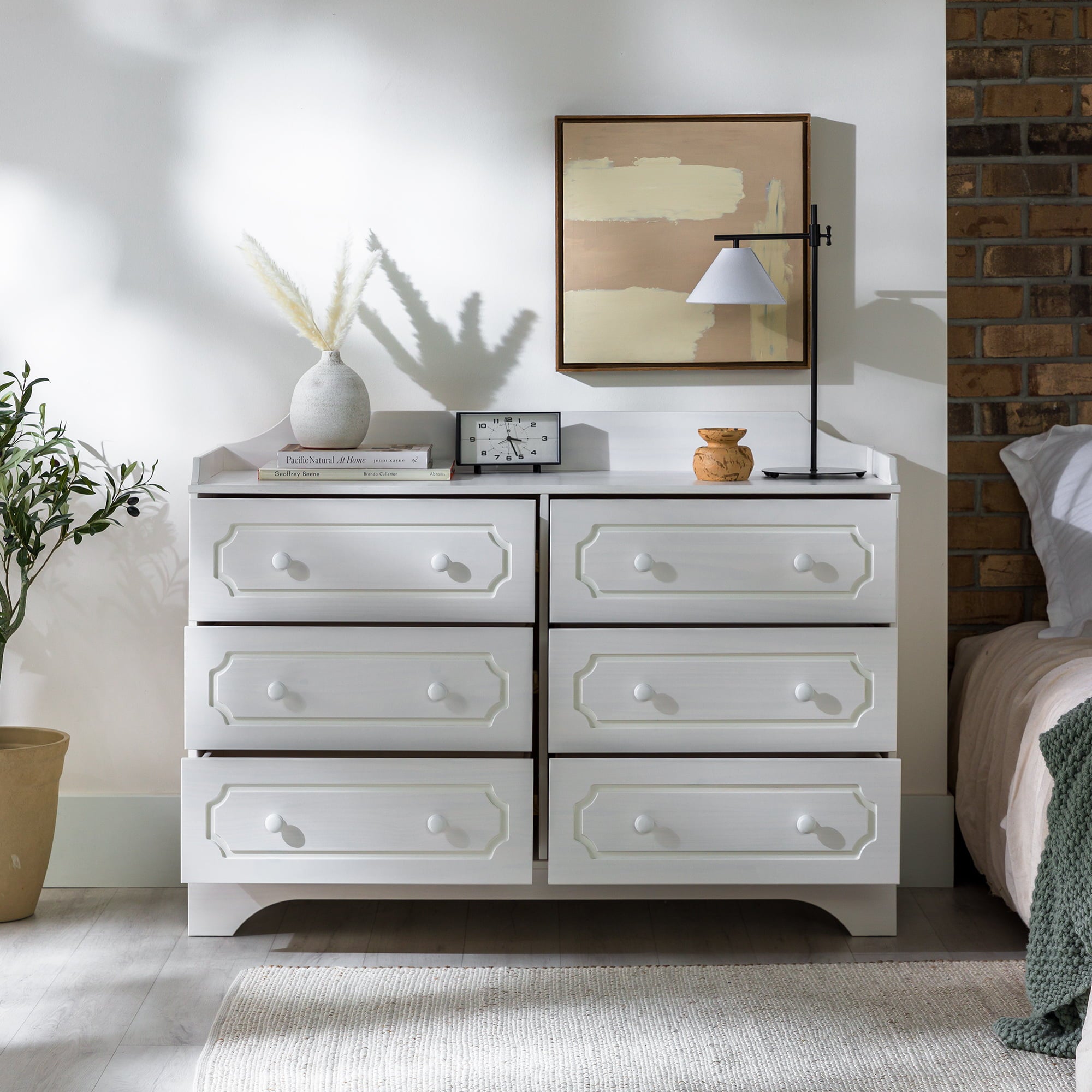 Manor Park Classic Gallery-Top Beveled 6-Drawer Dresser, White