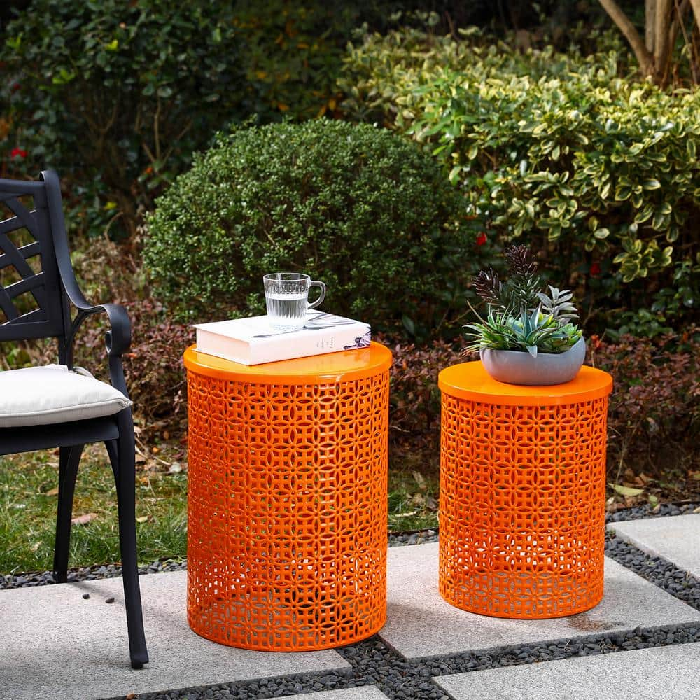 Glitzhome Multi-Functional Metal Orange Garden Stool or Planter Stand or Accent Table or Side Table (Set of 2) GH2003800007