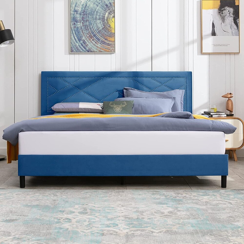 Mixoy Platform Bed Frame with High Headboard  Upholstered Platform Bed with Rivet Design  Wood Slat Support