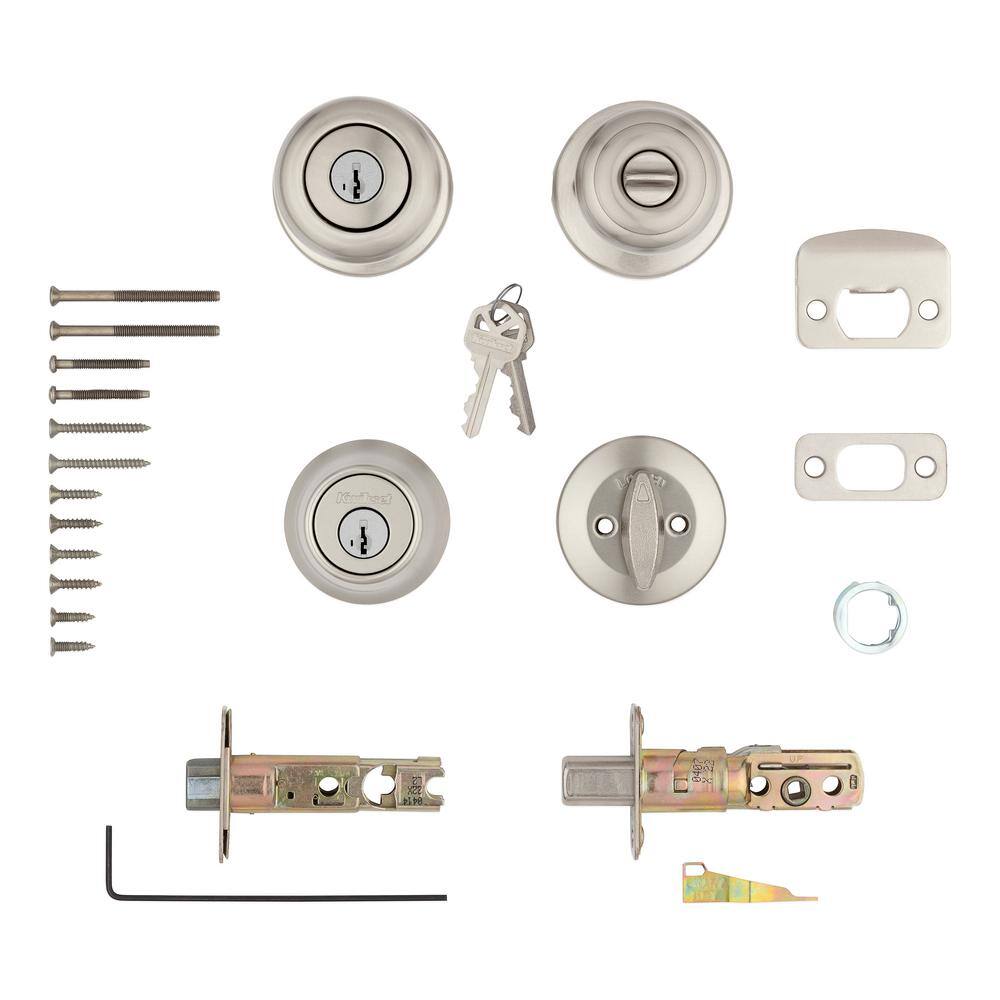 Kwikset Cove Satin Nickel Keyed Entry Door Knob and Single Cylinder Deadbolt Combo Pack featuring SmartKey and Microban T690CV15SMTCPK6