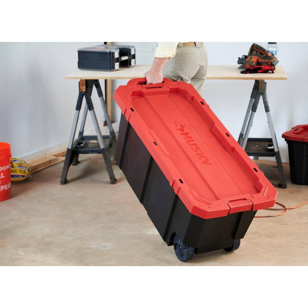 Husky 45 Gal. Latch and Stack Tote with Wheels in Black with Red Lid 206201