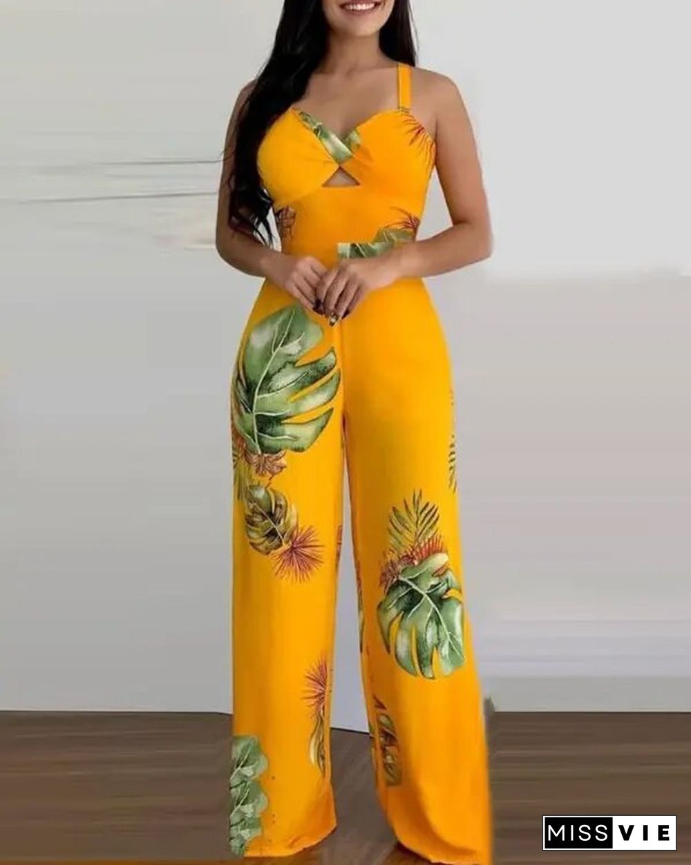 Plant Print Cutout Straight Jumpsuit