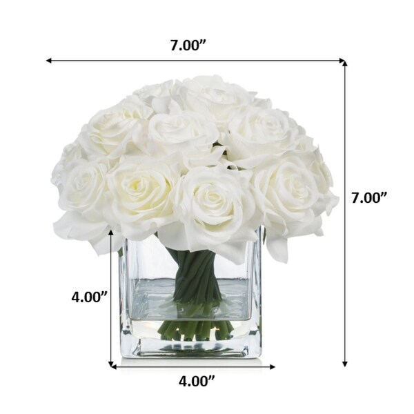 Enova Home Artificial Silk Rose Flowers in Cube Glass Vase with Faux Water for Home Office Decoration