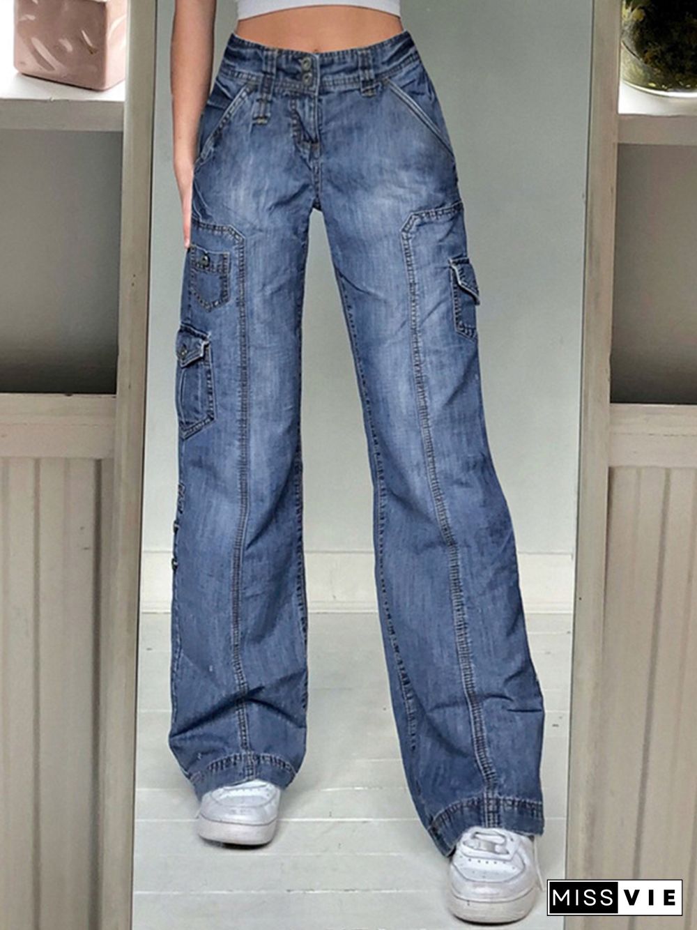 Foreign Trade New Style Street High Waist Straight Casual Jeans Irregular Pocket Tooling Mopping Pants Old Pants