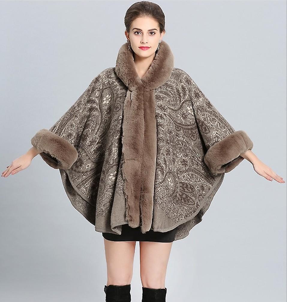 Winter Hooded Poncho With Faux Fur Collar Open Front Cape Warm Cardigant For Women