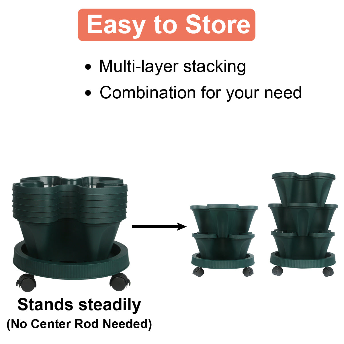 Stacking Flower Pot Tower- Space Saving 3-Tire Indoor Outdoor Vertical Stackable Plastic Herb and Flower Planters - Green