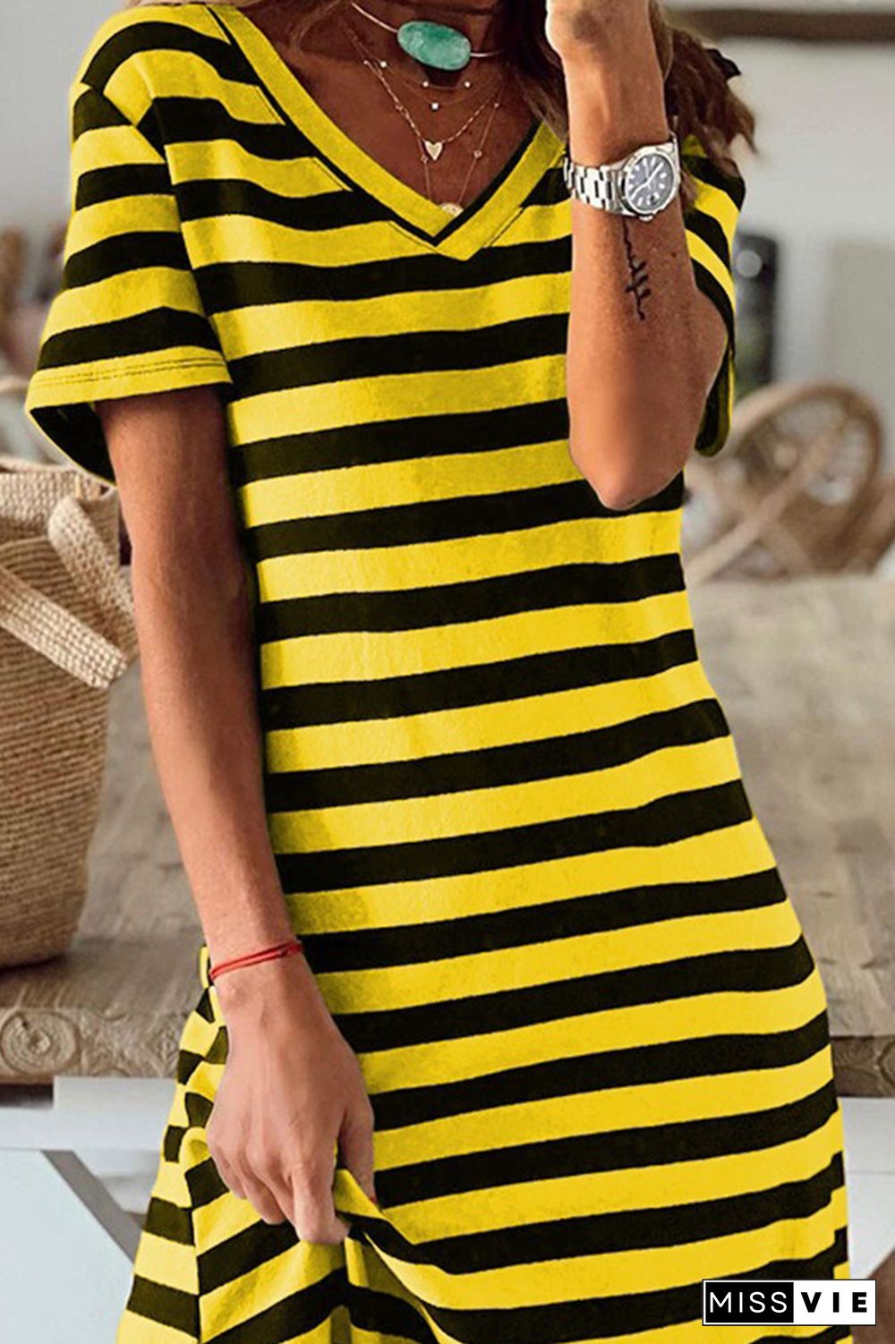 V Neck Split Stripes Dress