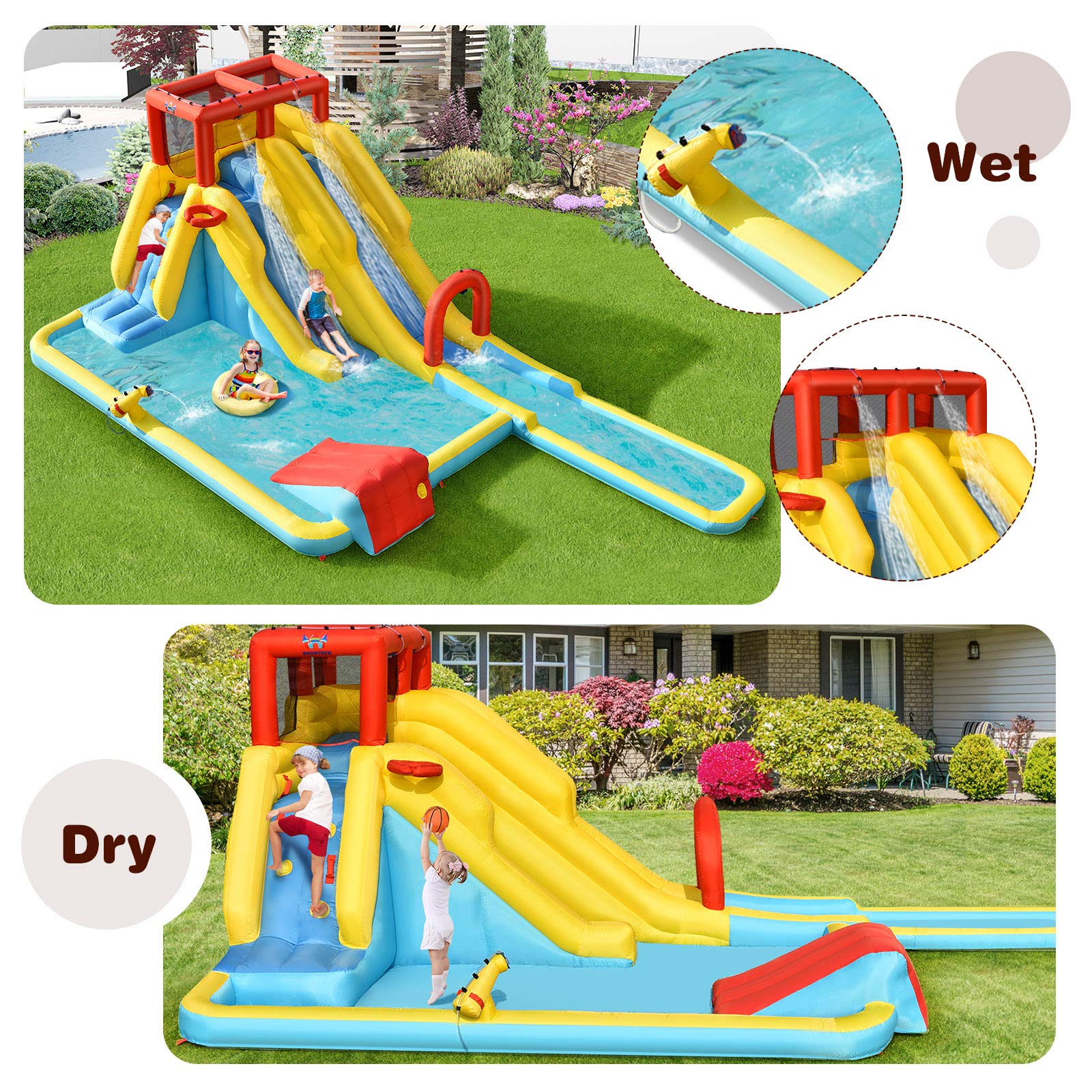 Costzon Inflatable Water Slide, 7 in 1 Giant Water Park Double Long Slide for Outdoor Fun w/735W Blower