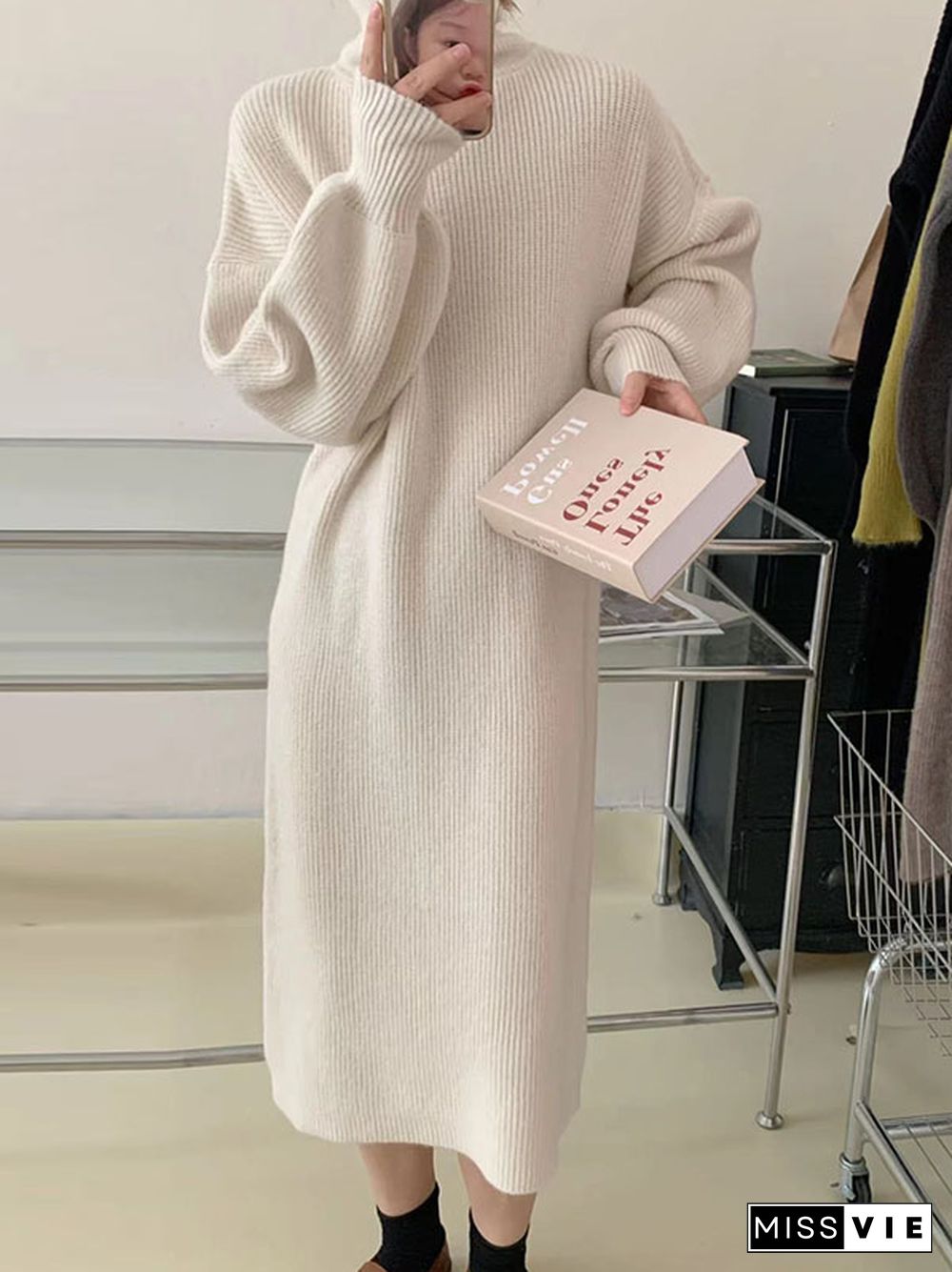 Long Sleeves Loose Solid Color High Neck Midi Dresses Sweater Dresses