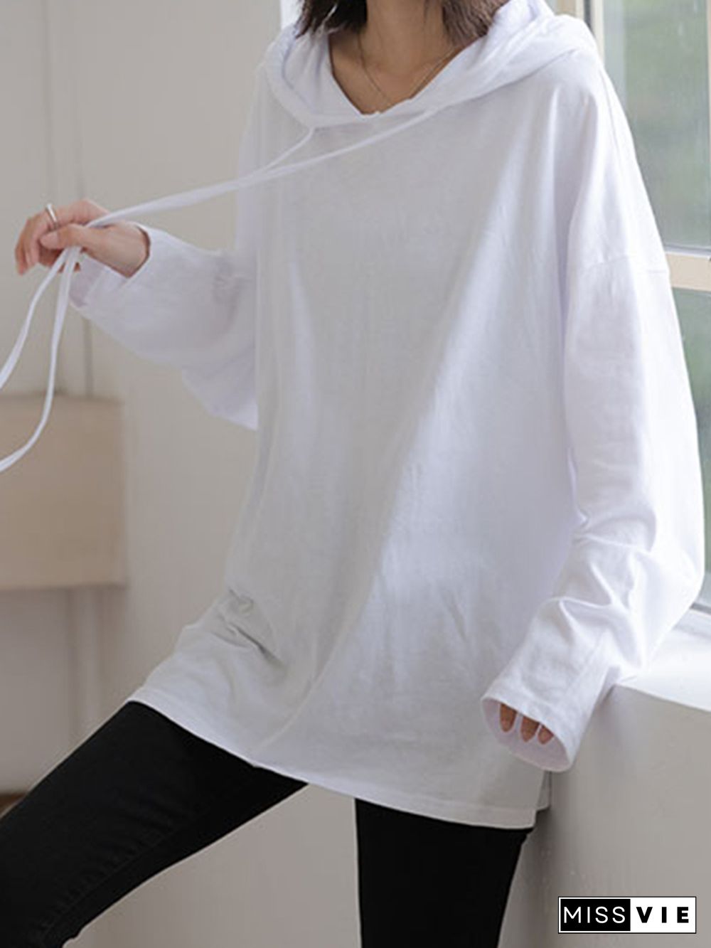 Solid Color Drawstring Long Sleeve Hoodies