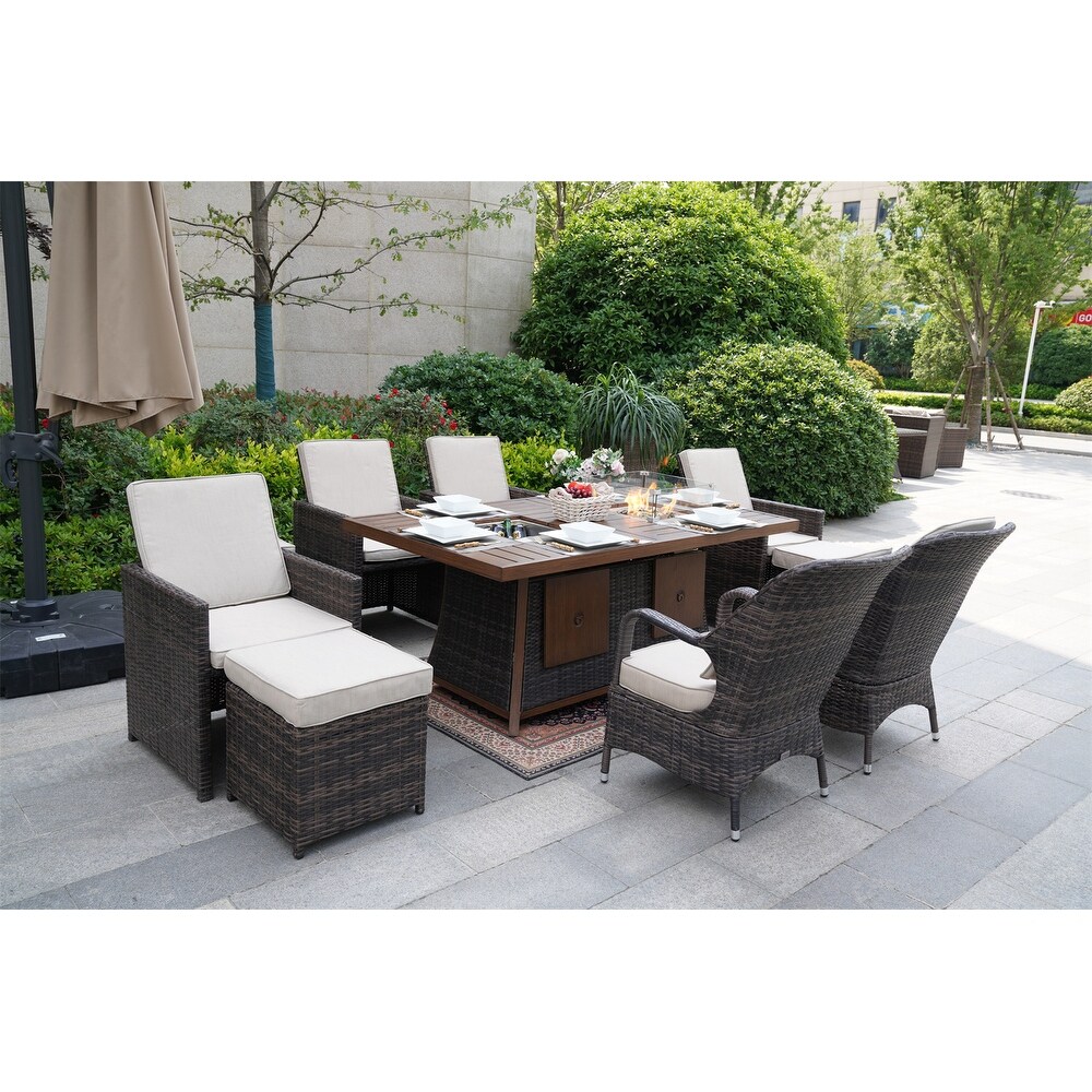 Brown Garden Patio Rectangular Dining Set With Gas Firepit And Ice Bucket and Ottomans