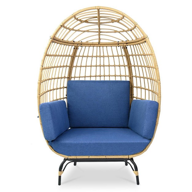 Serenelife Wicker Rattan Egg Chair Indoor Outdoor Blue Sofa Chair For Patio Backyard And Living Room With 4 Cushions And Powder Coated Steel Frame