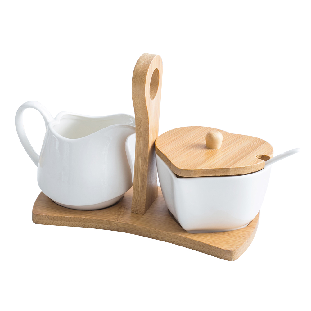 Tinksky Ceramic Sugar Bowl and Cream Pitcher Set with Bamboo Tray and Spoon for Home Hotel