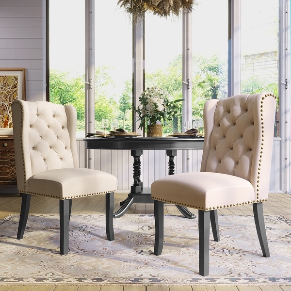 Set of 2 Upholstered Dining Chairs with Wingback and Button Tufting