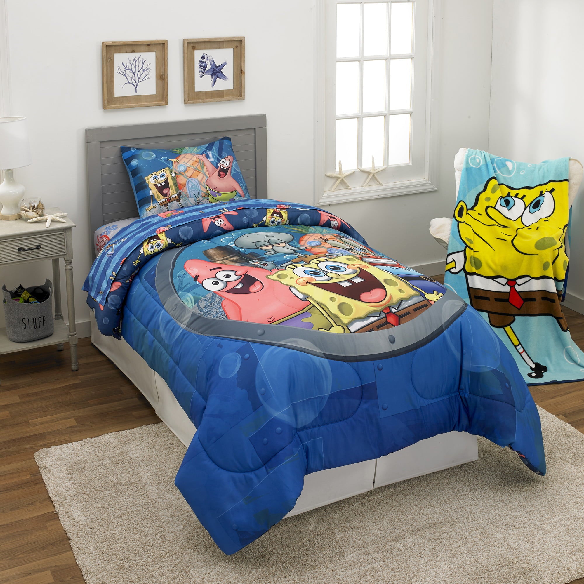 SpongeBob SquarePants Kids Comforter and Sham， 2-Piece Set， Twin/Full， Reversible， Blue