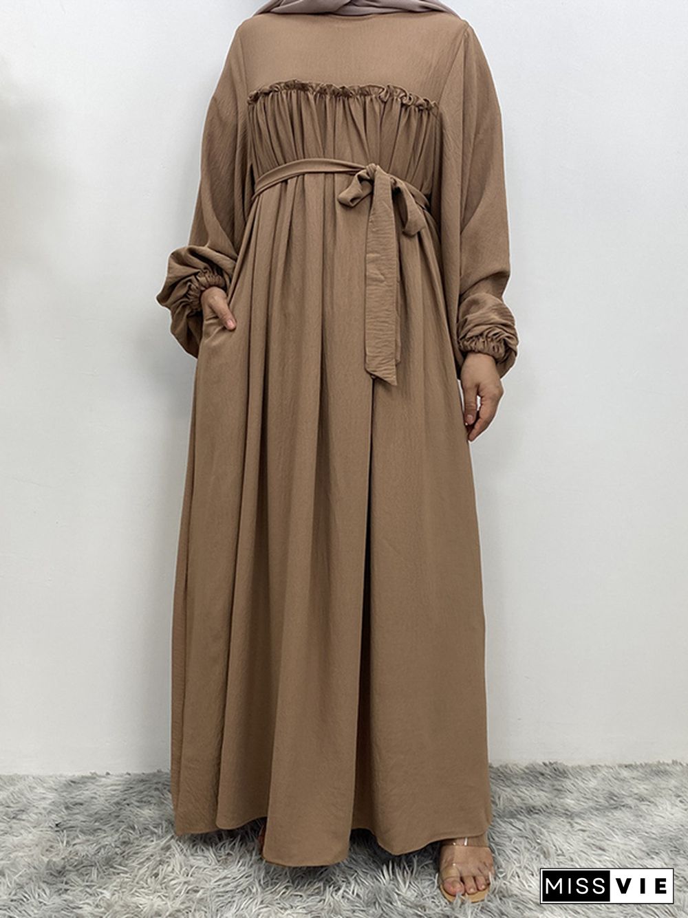 Bishop Sleeve Long Sleeves Elasticity Muslim Pleated Solid Color Split-Joint Tied Waist Round-Neck Maxi Dresses