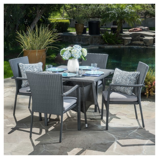 Campbell 5 piece All weather Wicker Patio Dining Set With Water resistant Cushions Gray Christopher Knight Home