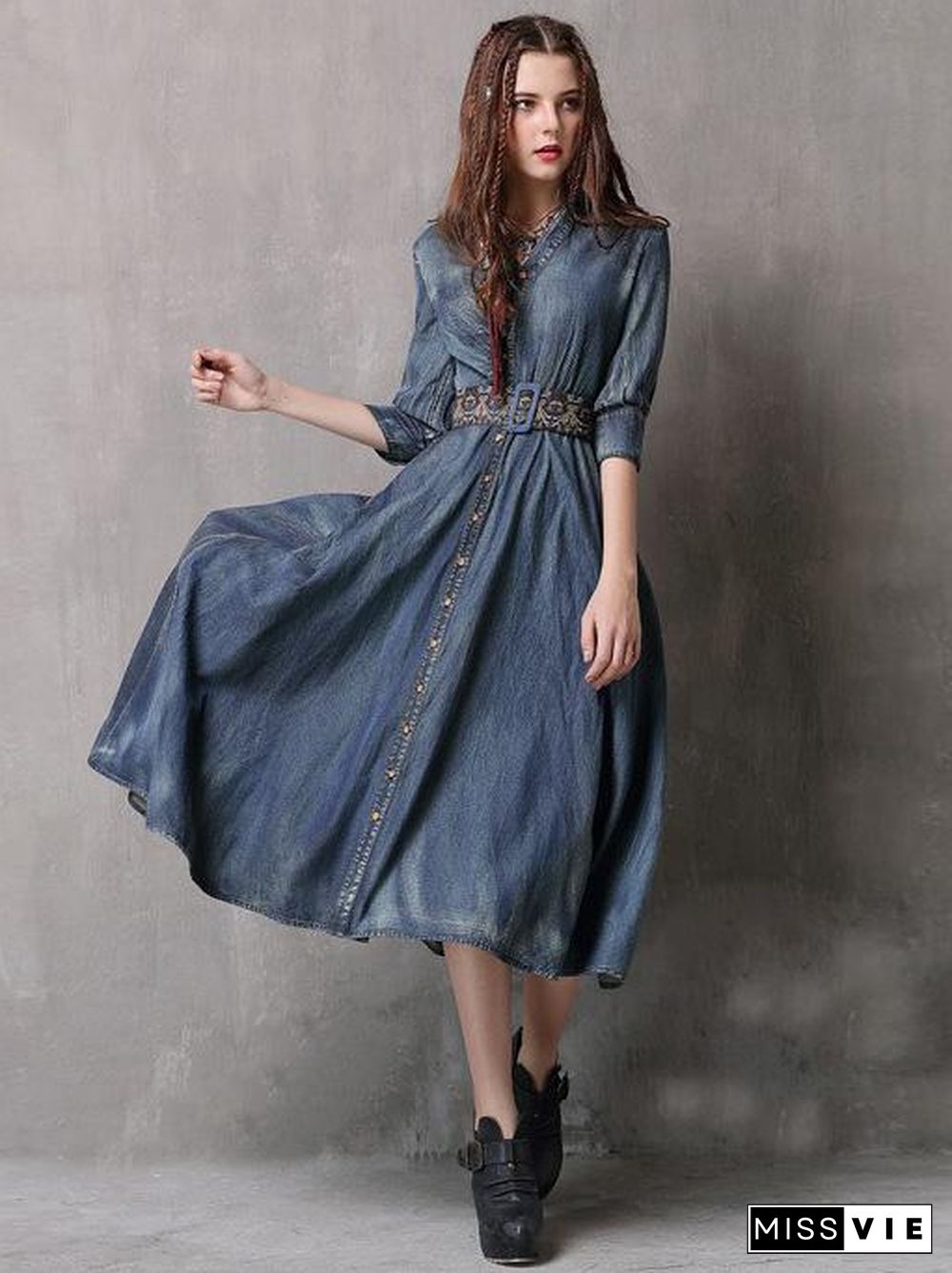 Vintage Embroidered Cropped Denim Dress