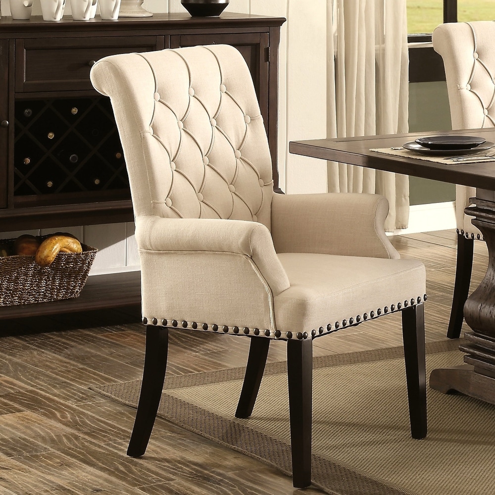 Decorative Rolled Button Beige Tufted Arm Chair with Nailhead Trim