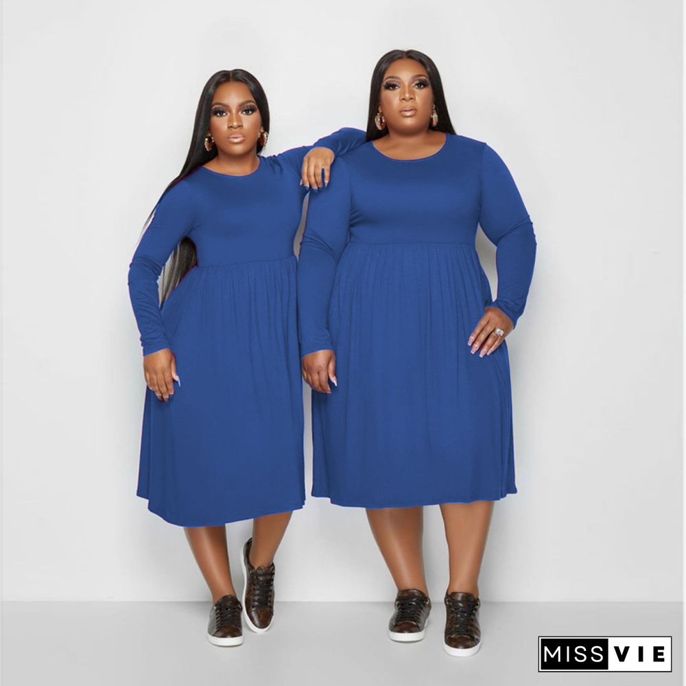 Solid Color Long Sleeve A Line Plus Size Dresses