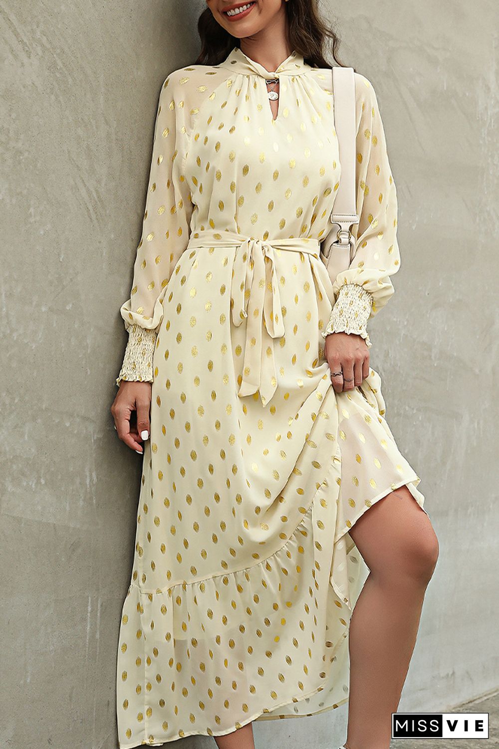 Twisted Collar Foil Spot Print Ruffles Maxi Dress