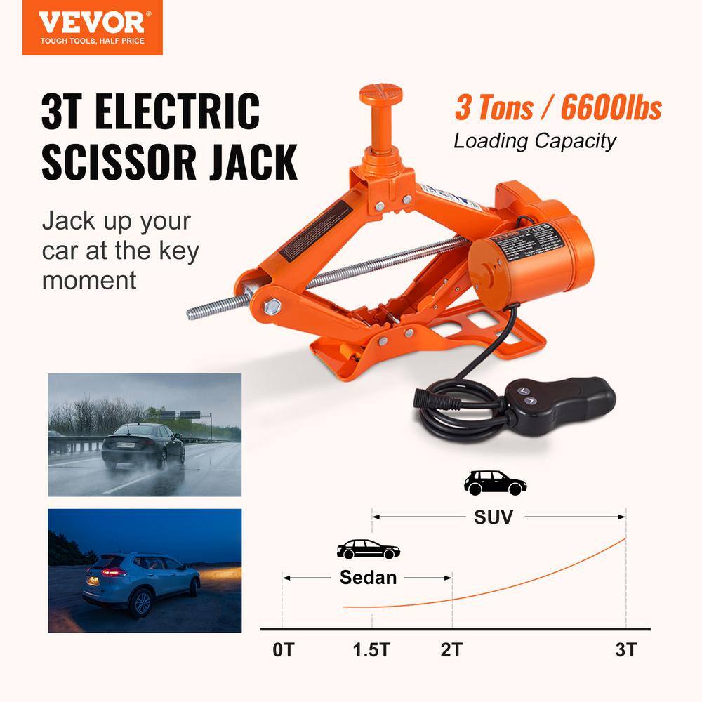 VEVOR 3-Ton 6600 lbs. Electric Scissor Jack Car Floor Jack 12-Volt Lift Up To 16.5 in. H with Remote Control for Sedan SUV DDJSQJDTJDWC3D2K7V9