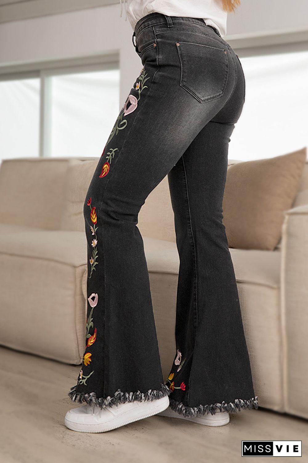 Floral Embroidery Raw Hem Mid Rise Flare Jeans