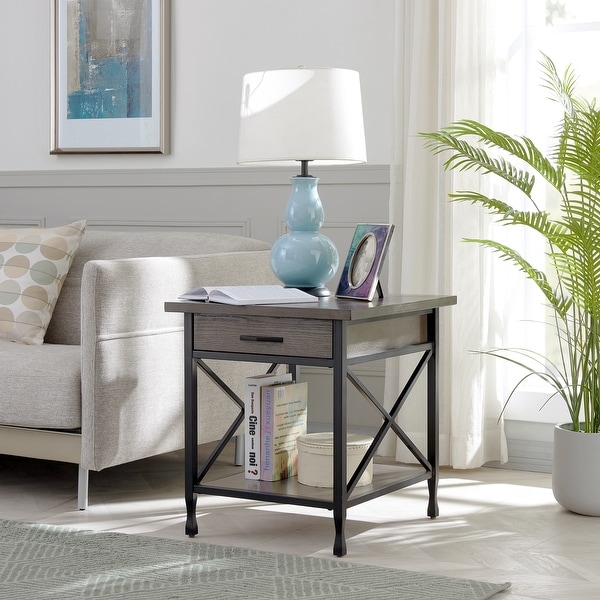 Gray/Matte Black X Design Mixed Wood and Metal Drawer End Table