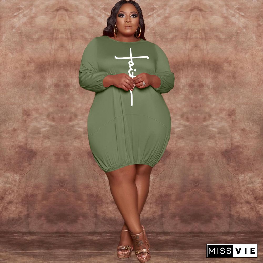 Plus Size Long Sleeve O Neck Loose Midi Dress